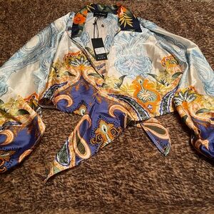 Boniur Blue Multi-Color Print Tie
Shirt & Wide Pants Silky Set
